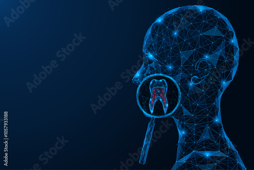 Inflammation of the dental nerve under a magnifying glass. Polygonal design of interconnected lines and dots. Blue background.