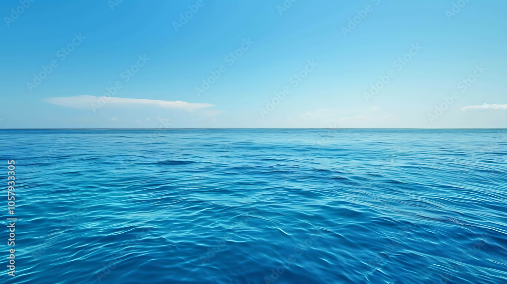 Fototapeta premium The deep blue sea stretches out before you, endless and inviting. The sky is clear and blue, with just a few clouds dotting the horizon.