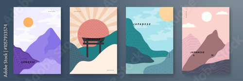 Set of Abstract Japanese Art Posters with Minimalist Design. A collection of four abstract Japanese art posters featuring minimalist design and pastel colors