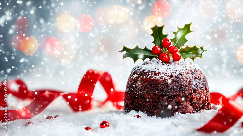 Traditional Christmas pudding with holly garnish, isolated on a snowy white background with sparkling snowflakes and red ribbons Traditional Christmas pudding with holly garnish, isolated on a snowy white background with sparkling snowflakes and red ribbons