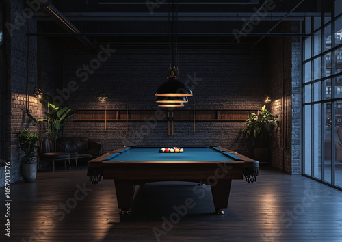 Elegantly lit billiards table in a dark, sophisticated room with hanging lights above. Ideal for themes of leisure, luxury, and classic gaming.
