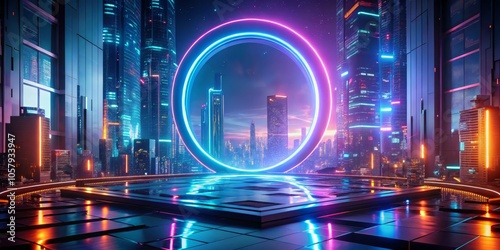 Futuristic Neon Portal in Vibrant Cityscape - Cyberpunk Double Ring in Sci-Fi Metropolis at Night, Techno Wonderland of Blues, Pinks, and Oranges, Slick Metallic Surfaces, Stylish