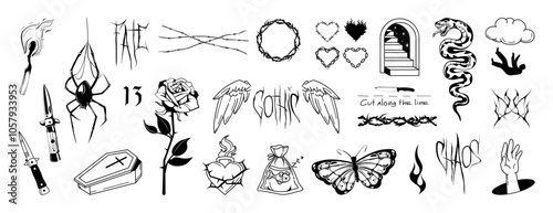 Darkwave gothic and emo aesthetics, art and flash tattoo 90s, 00s. Y2K culture, emo-themed and goth. dark symbolism and subcultures. Flash tattoo in darkwave style. Teenage feelings. Vector graphic