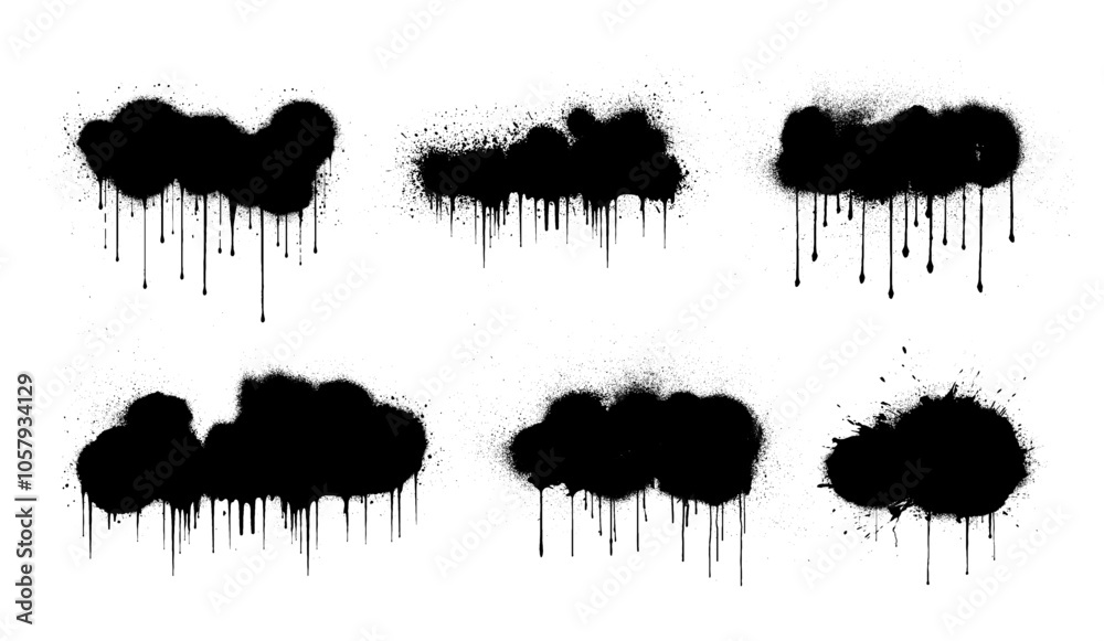 Stains graffiti with spray effect, template, mockup. Silhouette black paint with drips, splatter, drips. Street art stencil. Graffiti graphic box, spray silhouette grunge. Dirty textured. Vector
