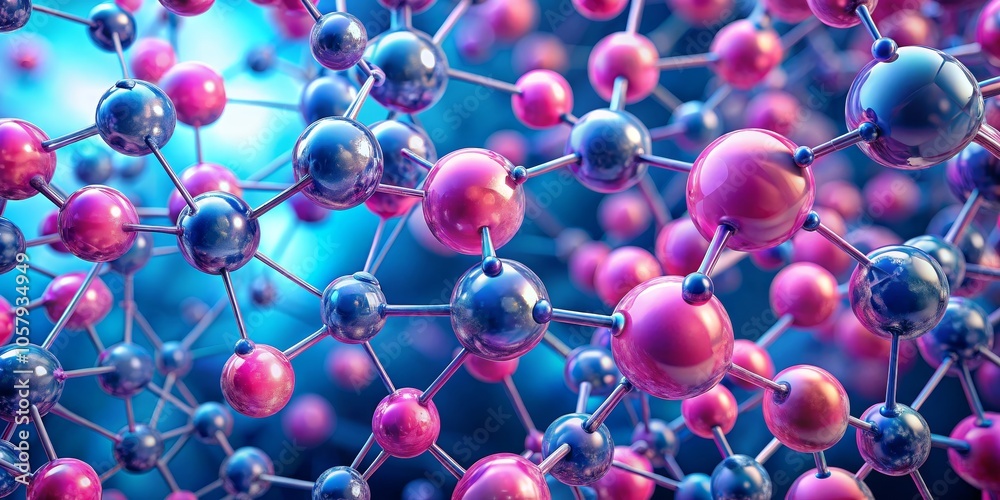 Microscopic Molecular Network in Pink and Blue Abstract Close-Up of Vibrant Spheres and Metallic Rods, Luxurious and Modern 3D Illustration for Science and Technology Concepts Microscopic Molecular Network in Pink and Blue Abstract Close-Up of Vibrant Spheres and Metallic Rods, Luxurious and Modern 3D Illustration for Science and Technology Concepts