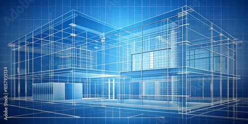 Modern House Wireframe Minimalist 3D Rendering of Architectural Design with Blueprint Grid Background - Contemporary Real Estate Concept