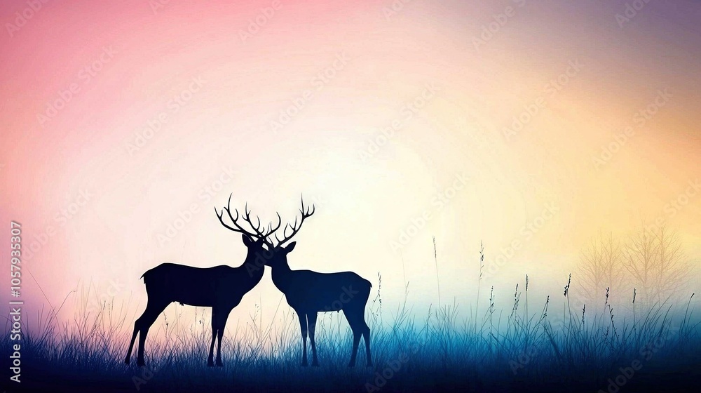  A pair of deer standing side by side in a vibrant green and blue meadow beneath a warm pink and yellow sky
