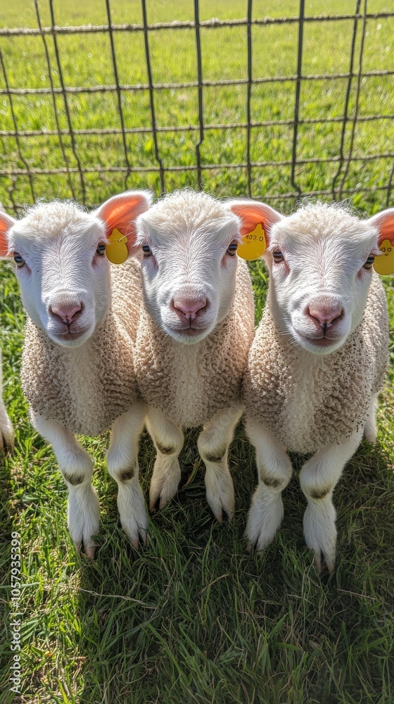 Obraz premium Three young lambs stand together in a sunny field near a fence on a warm afternoon
