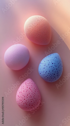 Soft pastel makeup sponges arranged vertically on a pink surface during brigh...