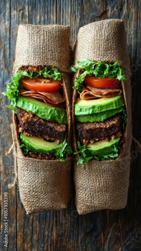 Freshly prepared lettuce wraps with avocado and tomatoes on wooden table