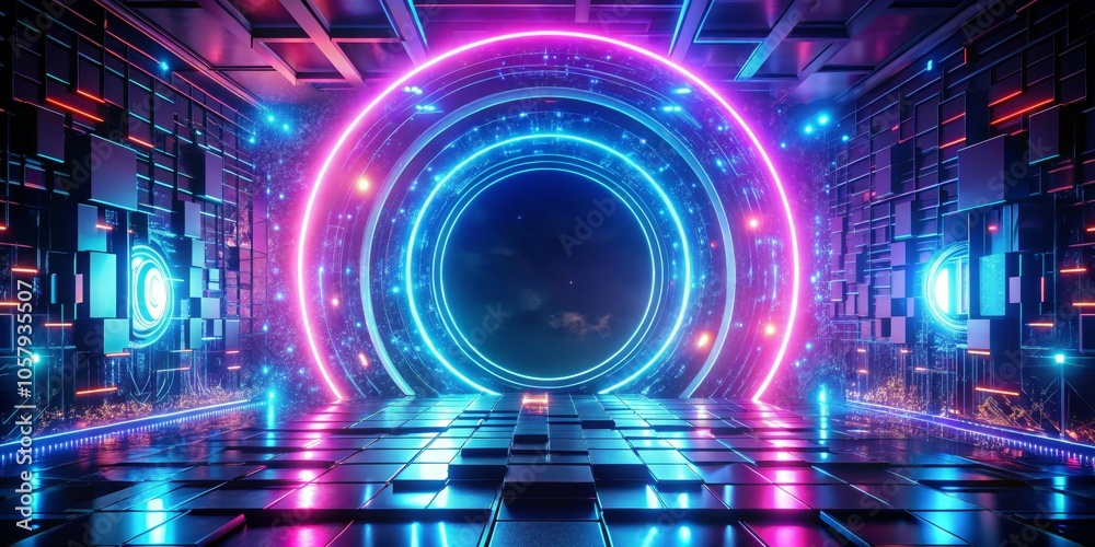 Neon Techno Portal Futuristic Abstract Scene with Vibrant Lights and Geometric Shapes, Symmetrical Geometry in Dark Space - Ideal for Sci-Fi, Tech, and Innovation Concepts