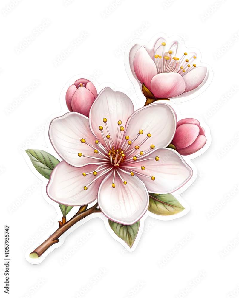 Fototapeta premium Delicate cherry blossom branch featuring pink buds and white flowers, beautifully illustrated with intricate details. Transparent background. PNG. Generative AI