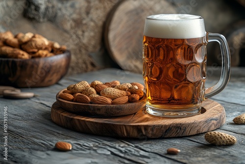 A glass of amber beer beside a wooden platter filled with assorted snacks in ...