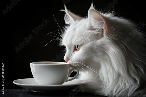 A fluffy white kitten curiously drinks from a small cup in soft lighting