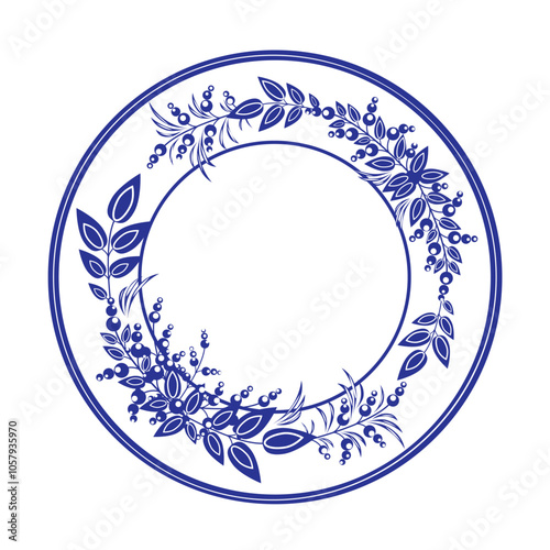 A dining plate decorated with leaves and berries in blue and white.Vector illustration of dishes.