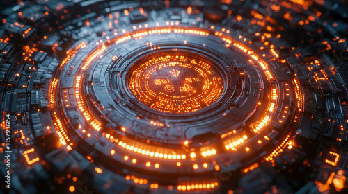 Detailed close-up of a computer chip on a circuit board with orange lights, representing modern technology and electronic devices