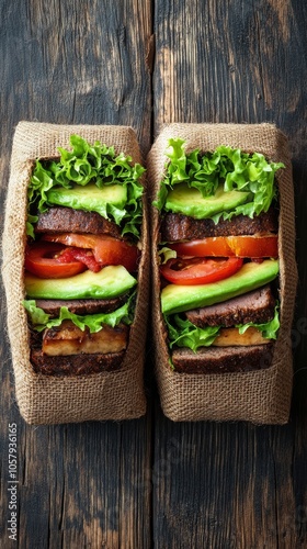 Freshly prepared lettuce wraps with avocado and tomatoes on wooden table