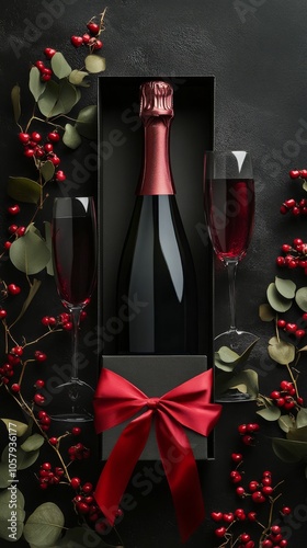 Romantic celebration with champagne, roses, and a gift box ready for a specia...