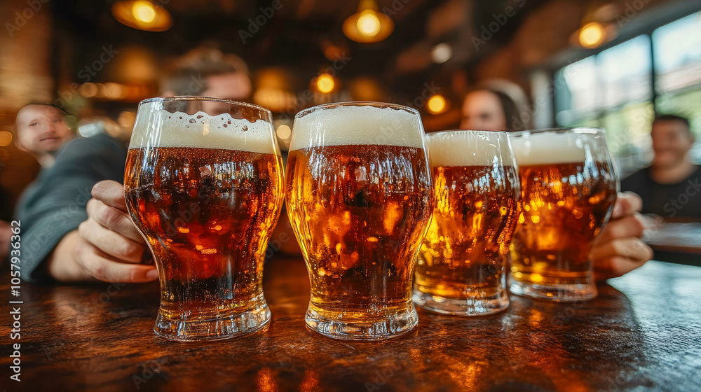 Two friends raise glasses of frothy beer in a warm, rustic bar, celebrating friendship Two friends raise glasses of frothy beer in a warm, rustic bar, celebrating friendship