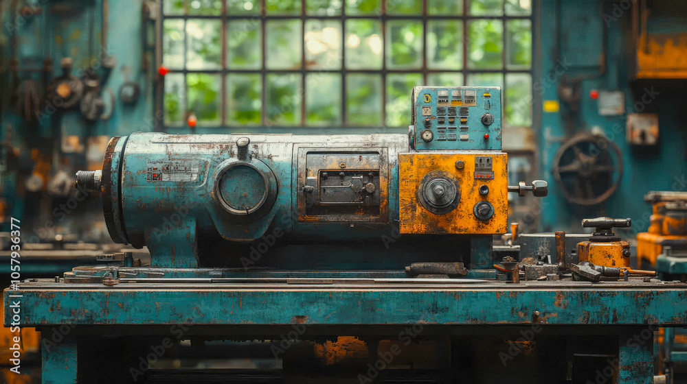 Fototapeta premium A vintage lathe machine in an industrial factory setting, showing wear from long-term use in metalwork and fabrication