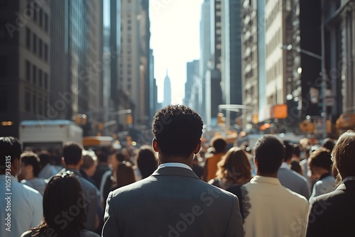 Unidentified Businessman Walking Through a Bustling City Skyline.