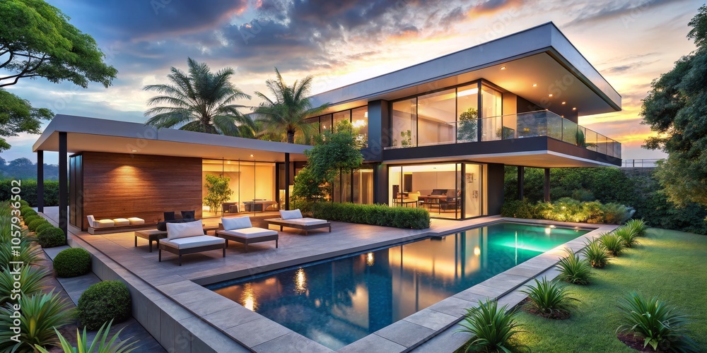 Tranquil Luxury Modern House with Swimming Pool at Sunset - Opulent Real Estate Showcase with Serene Ambiance and Meticulous Details Tranquil Luxury Modern House with Swimming Pool at Sunset - Opulent Real Estate Showcase with Serene Ambiance and Meticulous Details
