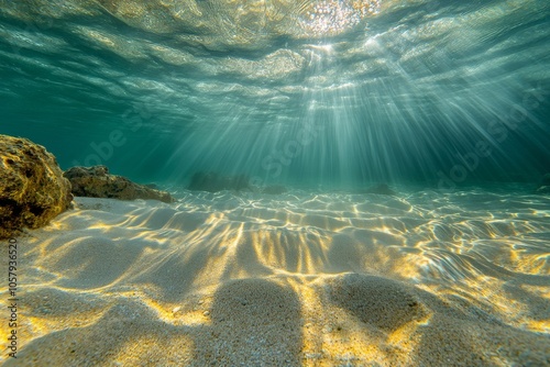 Bright sunlight filters through clear ocean water creating serene underwater ...