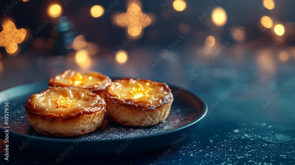 Creamy, fresh pastel de nata on a plate isolated on a deep blue background, with holiday lights and festive stars Creamy, fresh pastel de nata on a plate isolated on a deep blue background, with holiday lights and festive stars