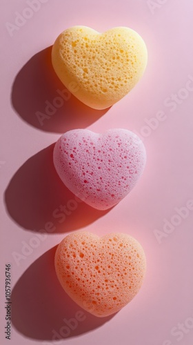 Soft pastel makeup sponges arranged vertically on a pink surface during brigh...