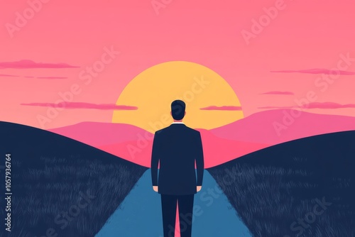 A silhouetted figure in a suit stands on a path at sunset, symbolizing reflection.