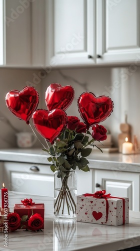 Decorative arrangement of red heart balloons and roses on a kitchen table for...