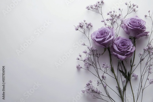 Lavish arrangement of purple roses and delicate flowers against a light backg...