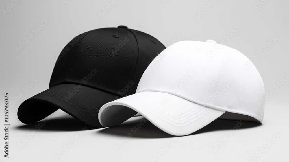 Close-up of two baseball caps in black and white on a neutral background, showcasing their curved brims and smooth fabric texture. Close-up of two baseball caps in black and white on a neutral background, showcasing their curved brims and smooth fabric texture.