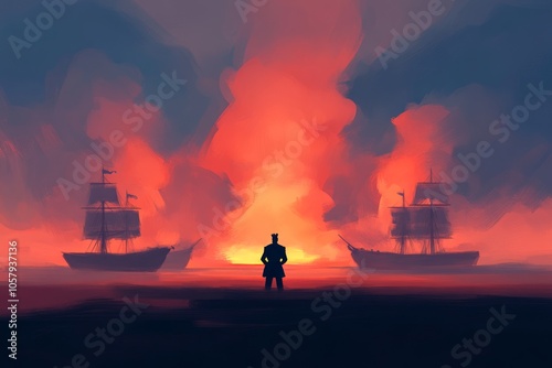 A silhouetted figure stands before two ships amidst a fiery sunset. photo