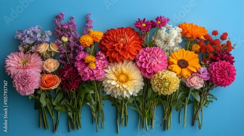Colorful floral arrangement featuring various blooms against a bright blue ba...