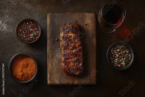 Delicious grilled steak served on a wooden cutting board with spices and red ...