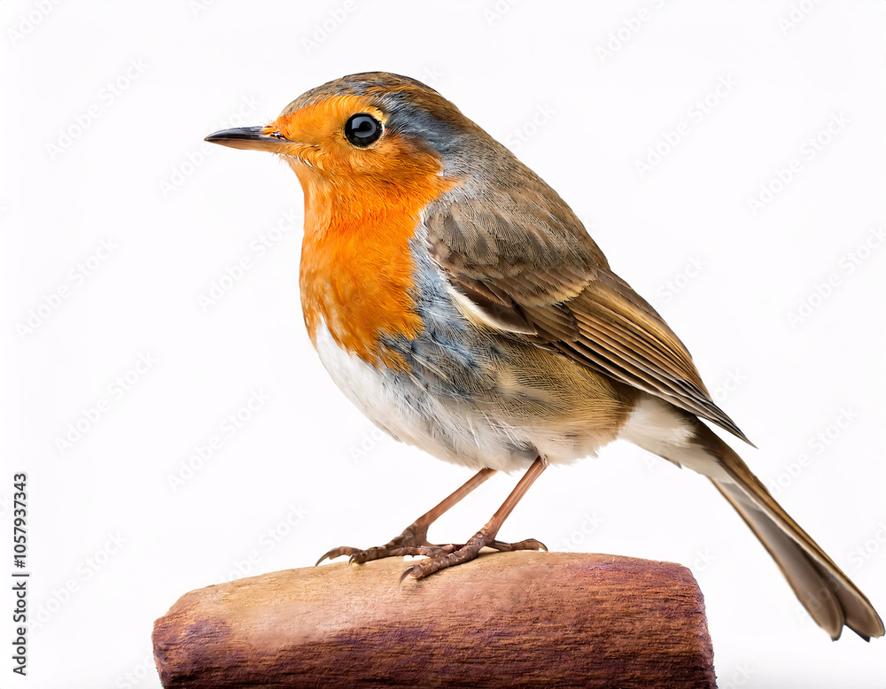 A European Robin stands on a white background, its bright orange breast and curious expression captured in detail A European Robin stands on a white background, its bright orange breast and curious expression captured in detail
