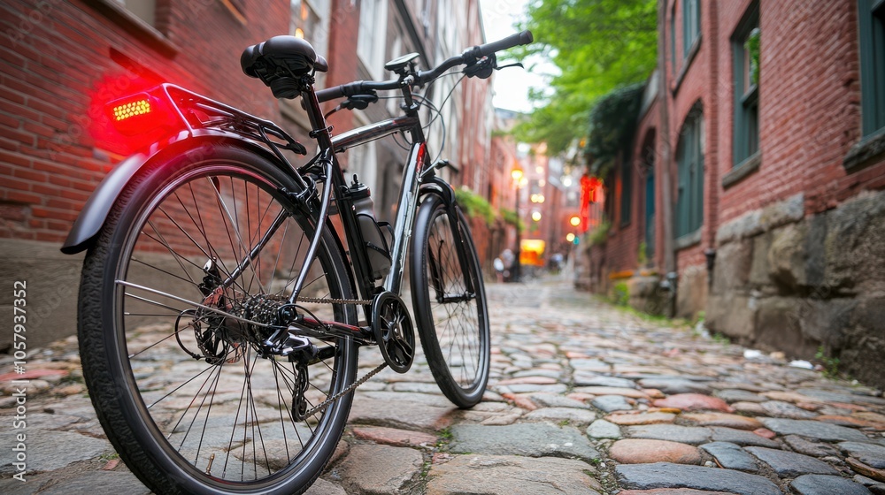 A sleek bike with a glowing red taillight rests on cobblestone streets, amidst old brick buildings, suggesting a blend of past and future. A sleek bike with a glowing red taillight rests on cobblestone streets, amidst old brick buildings, suggesting a blend of past and future.