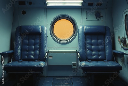 Interior of a blue transport cabin featuring two seats and a round window in ...