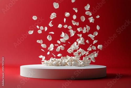 Floating red rose petals scattered above a white plate on a vibrant red backg...