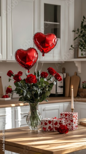 Decorative arrangement of red heart balloons and roses on a kitchen table for...