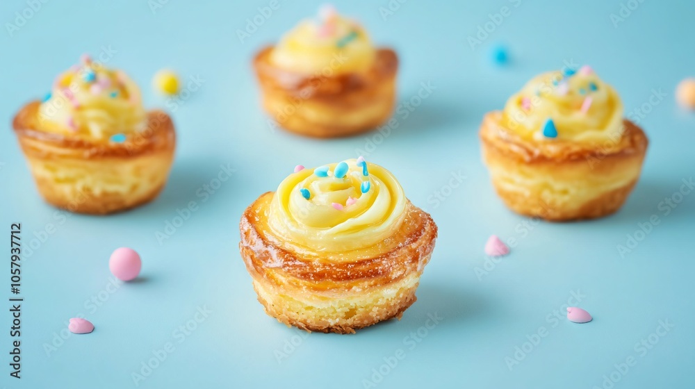 Mini pastel de nata with rich, custard filling isolated on a sky blue background, with pastel-colored decorations Mini pastel de nata with rich, custard filling isolated on a sky blue background, with pastel-colored decorations