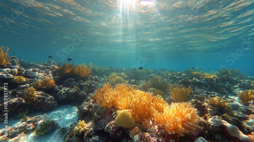 Vibrant coral reef ecosystem illuminated by sunlight in clear ocean waters