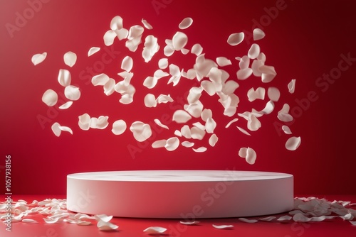 Floating red rose petals scattered above a white plate on a vibrant red backg...
