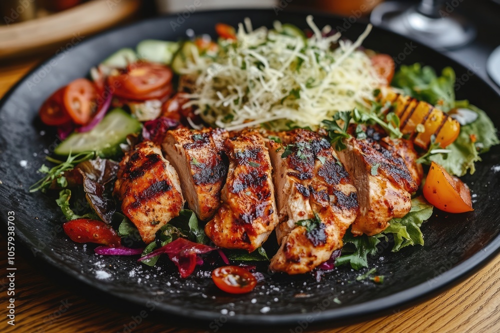 Healthy Chicken Salad Delight with Savory Cheese and Fresh Greens on Wooden Plate