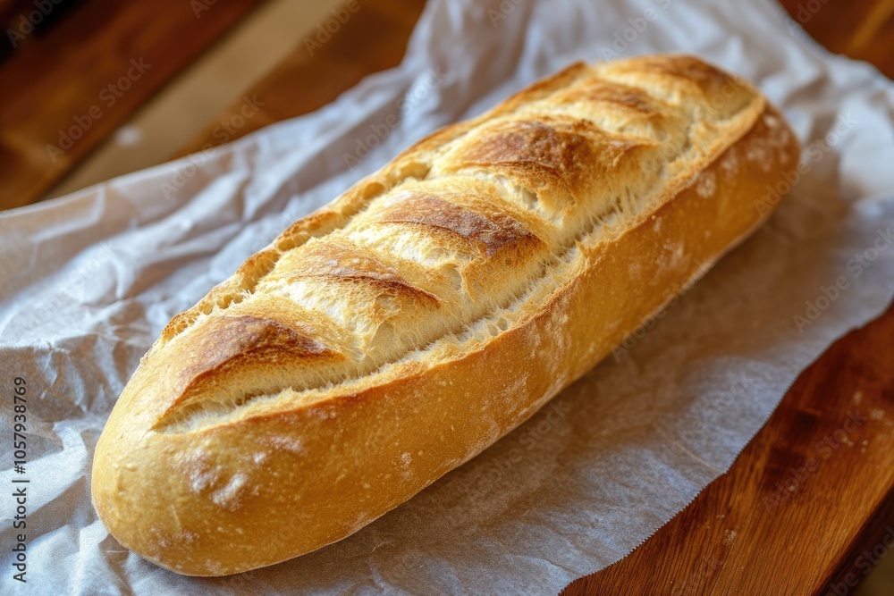 Rustic Baguette Delight: Freshly Baked French Loaf on Wooden Table in Artisan Bakery Rustic Baguette Delight: Freshly Baked French Loaf on Wooden Table in Artisan Bakery