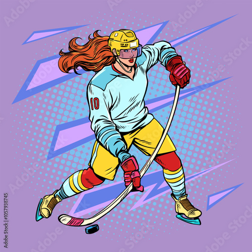 Sportswoman playing ice hockey. Sports competitions and champions in winter. Sale of equipment for New Year and Christmas for ice skating.
