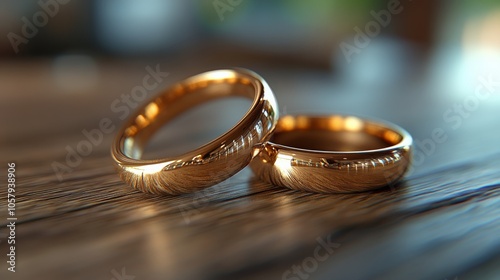 Golden wedding rings resting on a surface reflecting warm light in a cozy set...