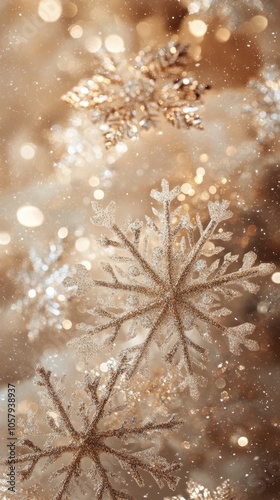 Delicate snowflakes shimmering against a warm golden background during winter...