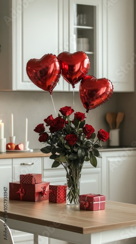 Decorative arrangement of red heart balloons and roses on a kitchen table for...